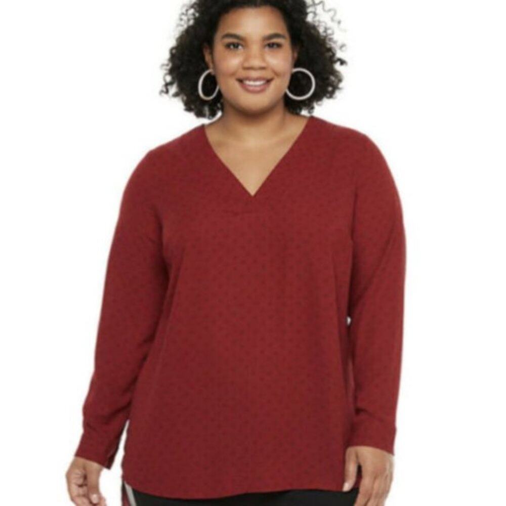 EVRI Cranberry Red Long Sleeve V Neck Tunic Plus Size 0X/Large